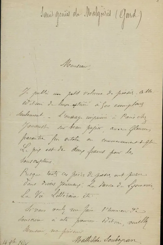 Lettre manuscrite, 14 septembre 1878