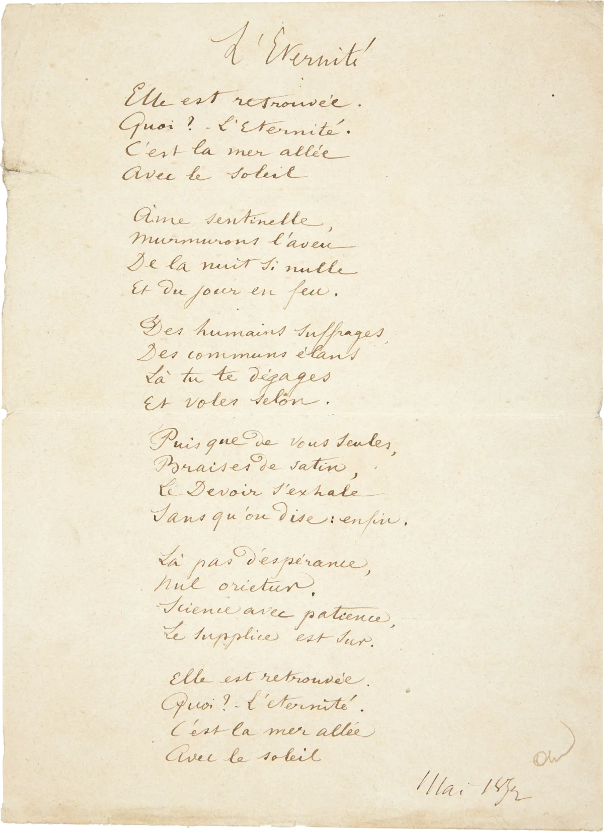 Manuscrit de « L’Éternité » d’Arthur Rimbaud, daté de mai 1872 : six quatrains à l’encre brune sur une feuille pliée en deux.